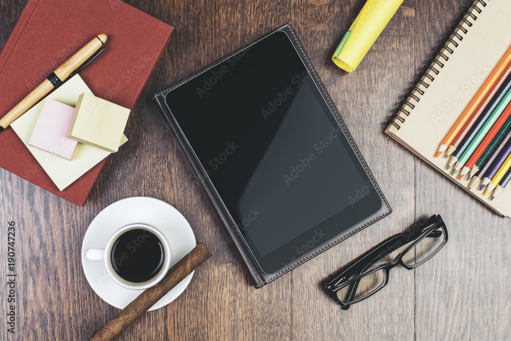 Poster modern desktop with empty tablet