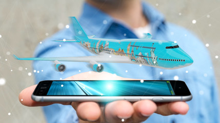 Businessman with plane and famous landmarks of the world 3D rendering