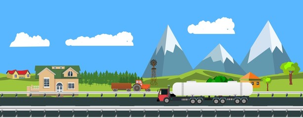 Flat illustration of countryside landscape, road with truck