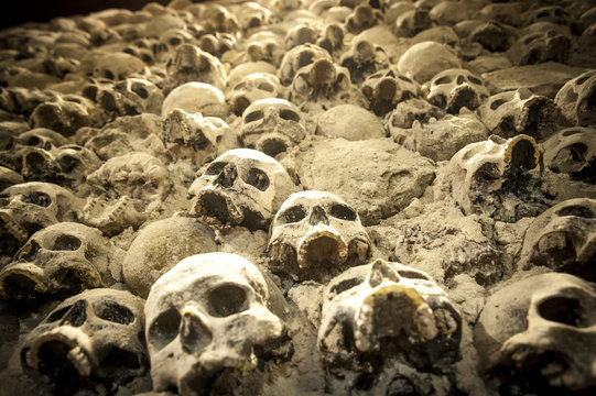 wall of skulls in church ossuary