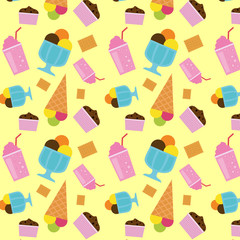 Delicious desserts seamless pattern. Sweet ice cream, muffin and milkshake. Colorful illustration