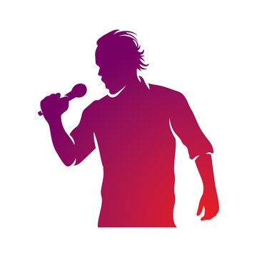 Superstar performance vector illustration, person with microphone in hand is singing live or karaoke. Emcee show concept.