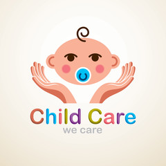 Cute baby cartoon vector flat icon, adorable happy child with nipple emoji. With mother or nanny tender hands of care. Can be used as a logo.