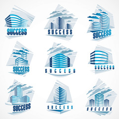 Office buildings set, modern architecture vector illustrations collection. Real estate realty business center designs. 3D futuristic facades in big city. Can be used as a logos or icons.