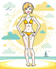 Happy young blonde woman posing on tropical beach and wearing swimsuit. Vector attractive female illustration. Summer vacation lifestyle theme cartoon.