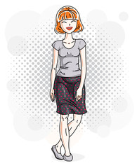 Happy pretty young redhead woman standing on modern background with bubbles and wearing casual clothes. Vector character.