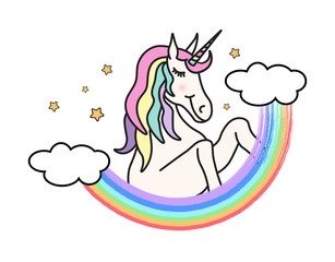 Vector cute illustration with unicorn and rainbow. Hand drawn doodle
