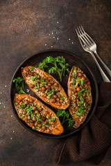sweet potato stuffed with chickpeas and quinoa.