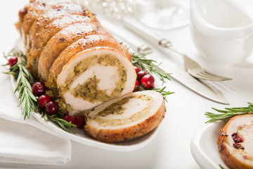 stuffed turkey breast roll. White background