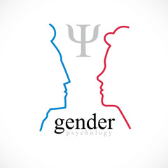 Gender psychology concept created with man and woman heads profiles, vector logo or symbol of relationship problems and conflicts in family, close relations and society. Classic style simple design.