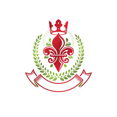 Obraz premium Heraldic coat of arms decorative emblem with lily flower and royal crown, eco product. Isolated vector illustration, Fleur-De-Lis.