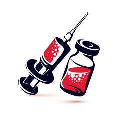 Vector graphic illustration of vial and medical syringe for injections. Children scheduled vaccination theme