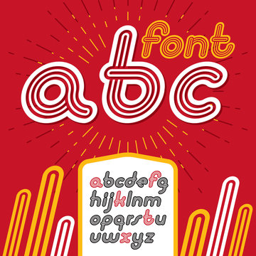Vector retro lowercase English alphabet letters, abc collection. Cool disco cursive font, script from a to z can be used in poster art. Made with triple stripy decoration.