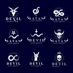 Set of vector demonic infernal mystic logotypes created using poisonous snakes, horned wicked dead head symbols, pagan pentacles and goats with 666 numbers as illustration of Lucifer.