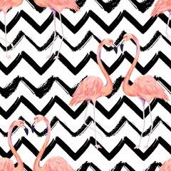 Vlies Fototapete Chevron Abstraktes nahtloses Muster mit exotischem Flamingo auf gestreiftem Chevronhintergrund. Sommerdekoration drucken. Vektor-Illustration