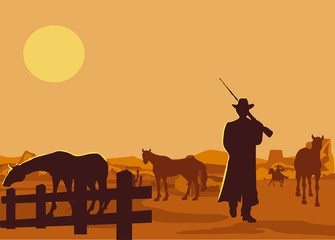 Cowboy's silhouette on the rancho,  horses silhouette wild west concept vector illustration, vector desert landscape