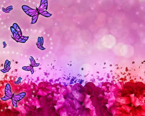 Naklejka na ściany i meble Butterfly patterned beautiful abstract background with flowers, bokeh and sparkles.