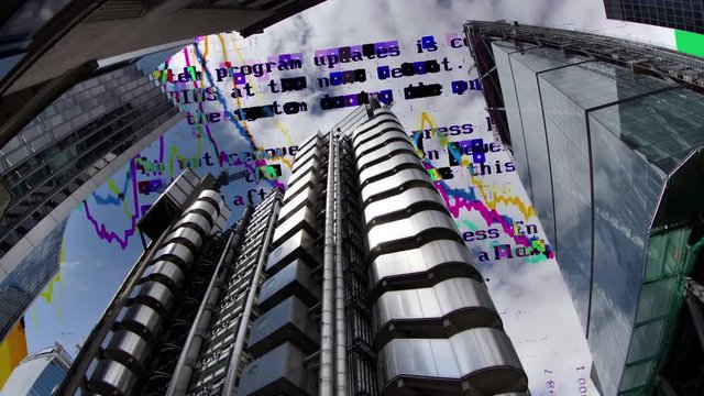 amazing london city timelapse with financial graphs and data mapped over the skyline