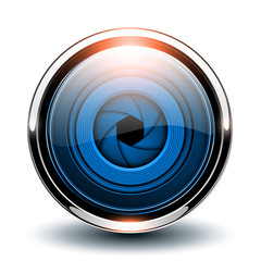 Glossy button blue with camera shutter inside, vector 3D metallic icon.
