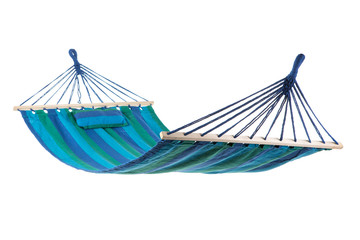 a multi-colored hammock made from natural fabric hanging on ropes, white background