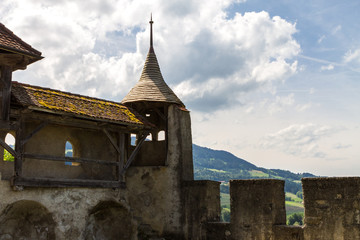 Gruyeres, Switzerland - June 10, 2016: Detail from Idyllic Medieval the small Castle Swiss Village Gruyeres, Switzerland
