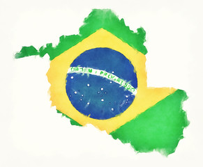 Rondonia watercolor map with Brazilian national flag in front of a white background