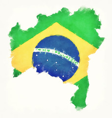 Bahia watercolor map with Brazilian national flag in front of a white background