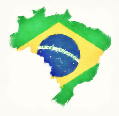 Brazil watercolor map with Brazilian national flag in front of a white background