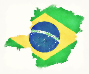 Minas Gerais watercolor map with Brazilian national flag in front of a white background