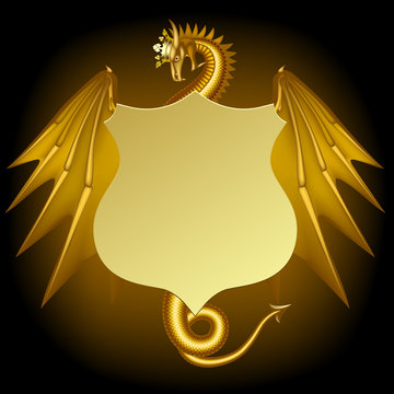 Gold dragon in crown with a vintage sign on black