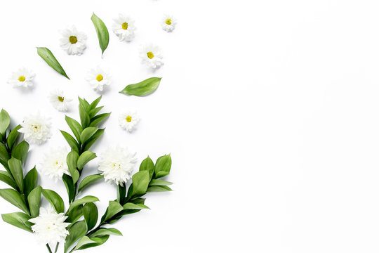 workspace with white flower chrysanthemum and chamomile branches and leaves isolated on white background. lay flat, top view