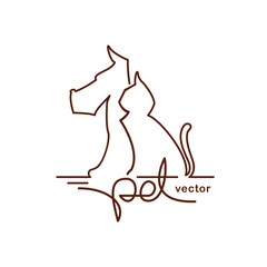 Logo design template for pet shop, veterinary clinic. Line style. Cat and dog with line hand lettering