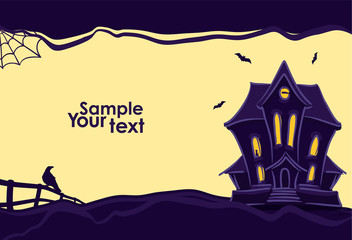 Halloween background with hand drawn Haunted house and silhouette of raven and bats.