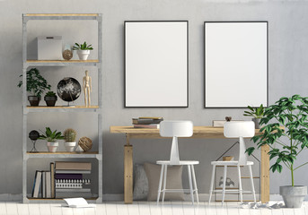 Modern contrast interior in the style scandinavian, a place for study. 3D illustration. poster mock up
