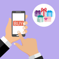 Buy gift on line. Flat vector design.