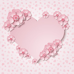 Beautiful tender heart frame with 3d light pink paper cut out flowers. Vector illustration