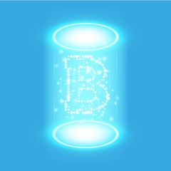 Bitcoin mining, conceptual illustration.. Digital money. Concept design of cryptocurrency. Sign bitcoin on blue background with generation particles energy. Vector illustration.