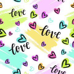 Valentine's Day Romantic seamless pattern with brush calligraphy style lettering and hearts.