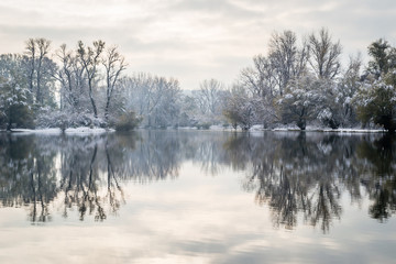 Panorama of the frozen lake and snow-covered trees