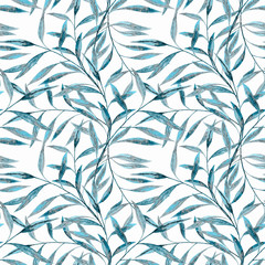 Seamless abstract floral pattern. Blue leaves , twigs white background.