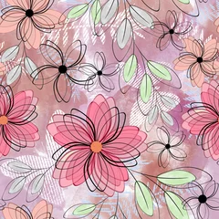 Deurstickers Seamless colorful floral pattern. Pink flowers, gray green leaves on a light background. © brusnika9