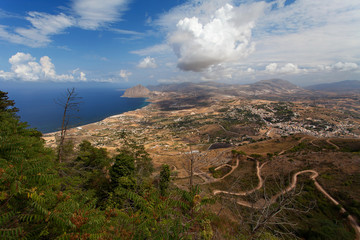 Erice, Trapani province, Sicily, Italy - Panoramic view from Erice at Mediterranean sea (Tyrrhenian...