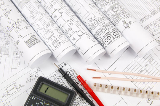 electrical engineering drawings, wire, terminal and digital multimeter