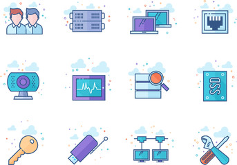 Fototapeta premium Computer network icon series in flat color style. Vector illustration.