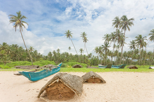 Balapitiya, Sri Lanka - Fishnet housings at the beach of Balapitiya
