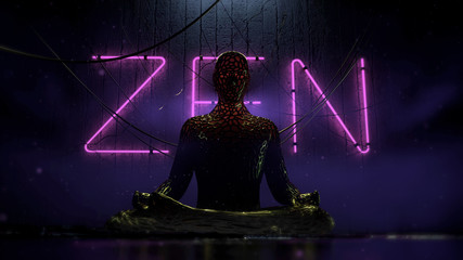 bio tech cyberpunk human figure sitting in lotus on urban futuristic background with hanging wires and purple neon letters zen on the wall 3d render illustration © Alexander