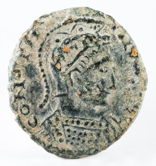 Ancient Roman copper coin of Emperor Constantine I Magnus. Barbarous imitative. Obverse.