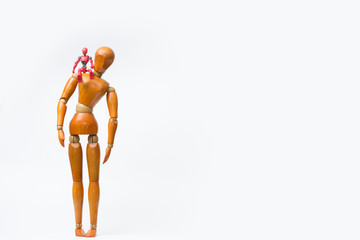 Red android robot or Artificial intelligence in wooden figure body on white background.