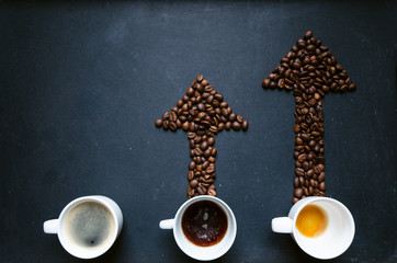 Coffee and arrow from coffee beans. Move up of energy. Trend up of energy. Arrow and graph. Coffee...