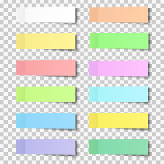 Post note stickers with shadow, paper sticky tapes set placed on transparent background. Vector office color post sticks. - obrazy, fototapety, plakaty